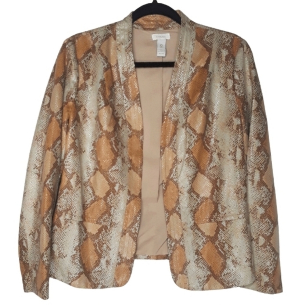CHICO'S Snakeskin Print Open Front Brown Tan Texture Jacket 0 (Size Small)